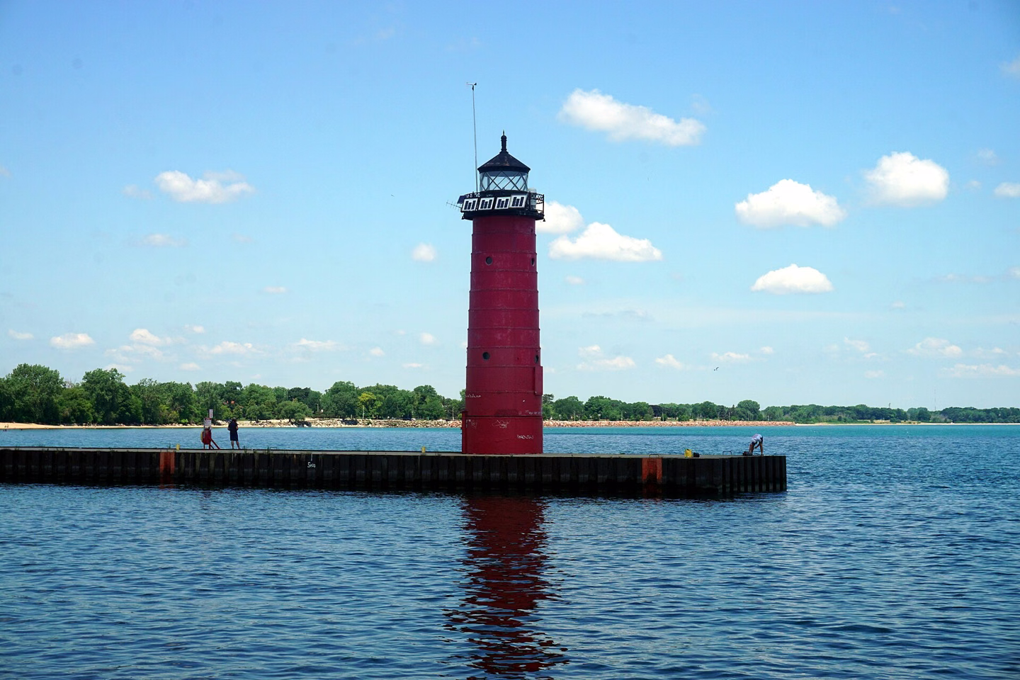 Kenosha’s red North Pier Lighthouse on Lake Michigan.